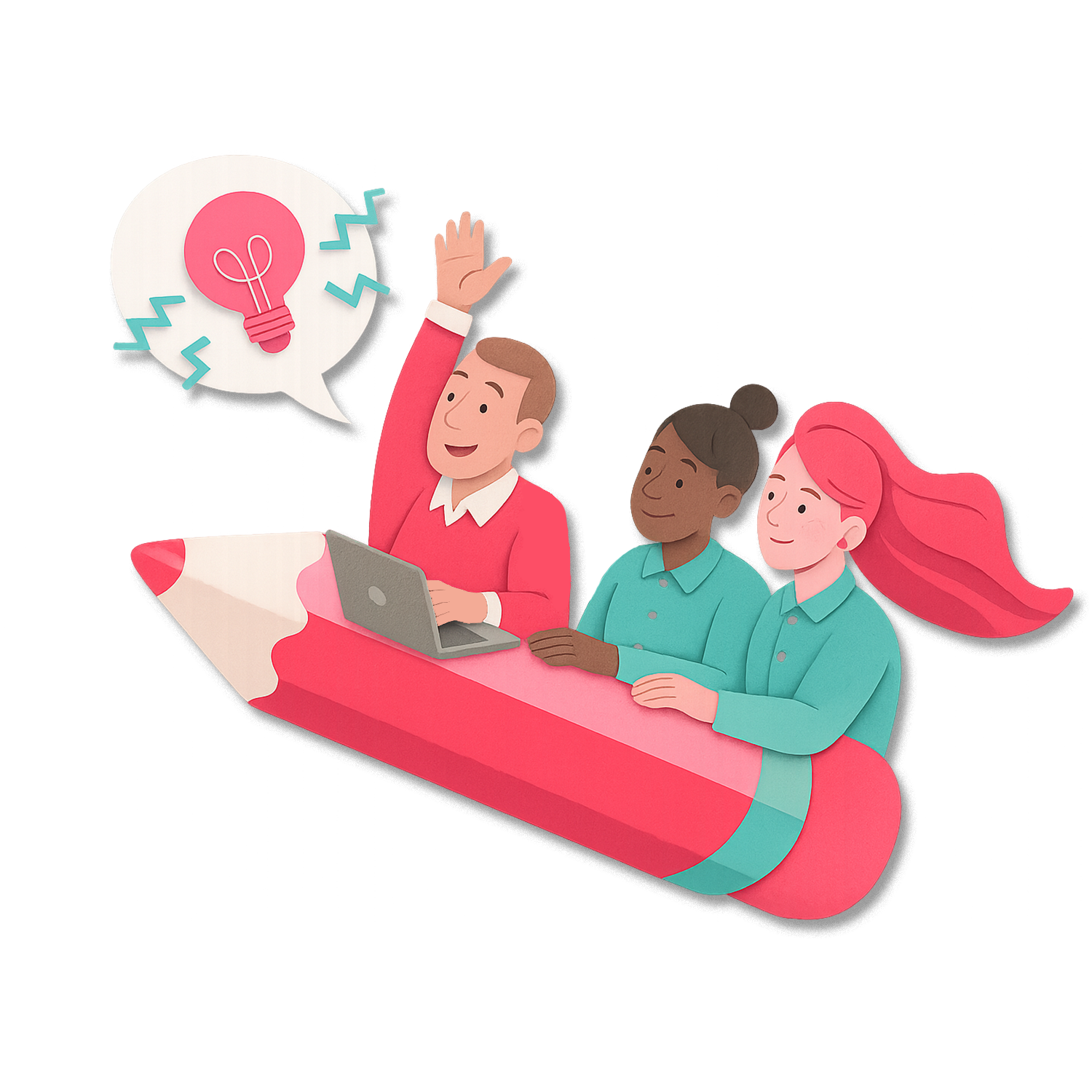 Gründer*innen fliegen auf einem Stift und haben einen Laptop dabei.